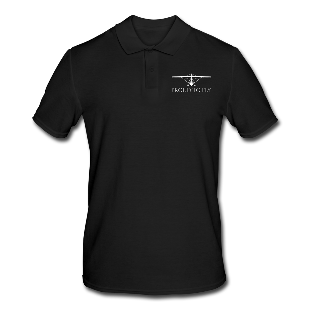 Pilot Shirts: White printed weight shift aircraft design placed above Proud To Fly on the left breast of a black polo shirt.