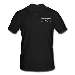 Pilot Shirts: White printed weight shift aircraft design placed above Proud To Fly on the left breast of a black polo shirt.