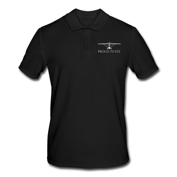 Pilot Shirts: White printed weight shift aircraft design placed above Proud To Fly on the left breast of a black polo shirt.