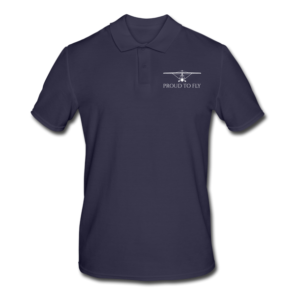 Pilot Shirts: White printed weight shift aircraft design placed above Proud To Fly on the left breast of a navy blue polo shirt.