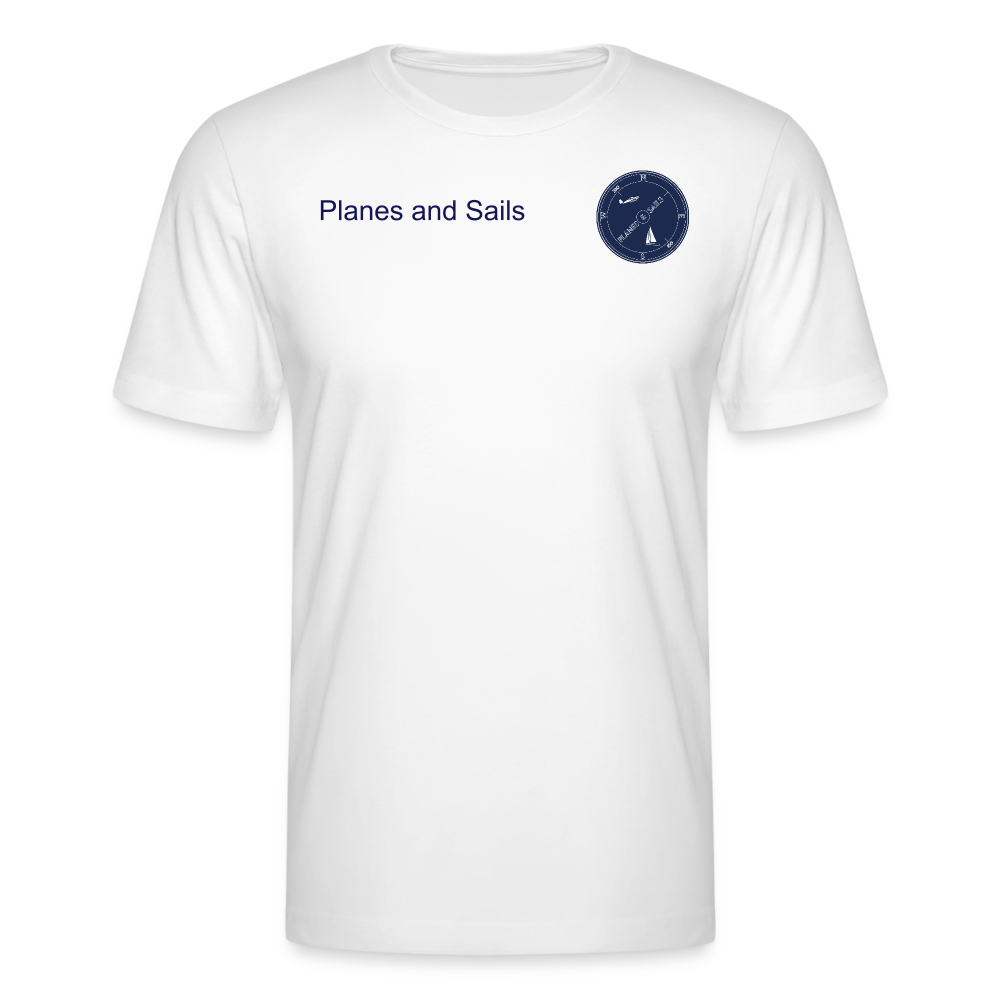 PLANES AND SAILS' NAVY BLUE  LOGO DEPICTING A PLANE AND A SAILING BOAT  INSIDE A COMPASS , PRINTED ON THE FRONT & BACK  OF A WHITE TSHIRT