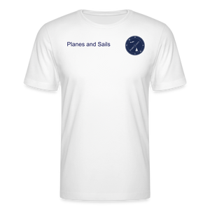 PLANES AND SAILS' NAVY BLUE  LOGO DEPICTING A PLANE AND A SAILING BOAT  INSIDE A COMPASS , PRINTED ON THE FRONT & BACK  OF A WHITE TSHIRT