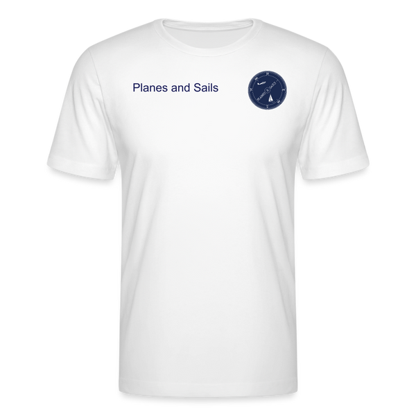 PLANES AND SAILS' NAVY BLUE  LOGO DEPICTING A PLANE AND A SAILING BOAT  INSIDE A COMPASS , PRINTED ON THE FRONT & BACK  OF A WHITE TSHIRT