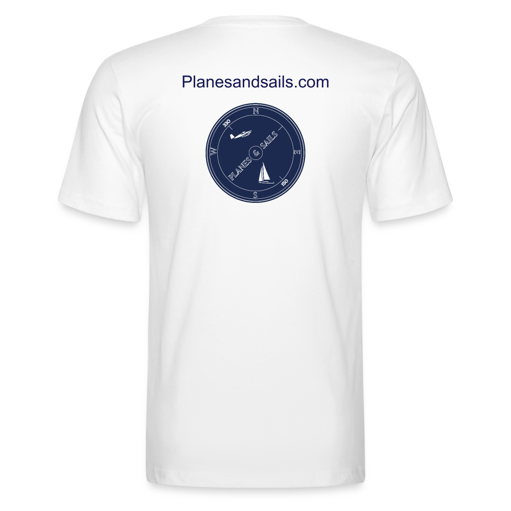 PLANES AND SAILS' NAVY BLUE LOGO DEPICTING A PLANE AND A SAILING BOAT INSIDE A COMPASS , PRINTED ON THE FRONT & BACK OF A WHITE TSHIRT