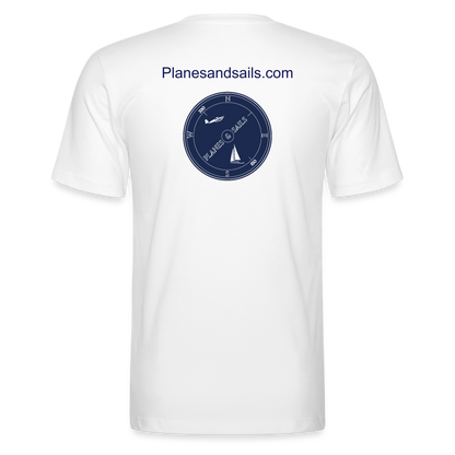 PLANES AND SAILS' NAVY BLUE LOGO DEPICTING A PLANE AND A SAILING BOAT INSIDE A COMPASS , PRINTED ON THE FRONT & BACK OF A WHITE TSHIRT