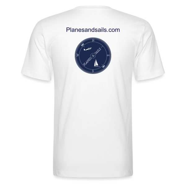 PLANES AND SAILS' NAVY BLUE LOGO DEPICTING A PLANE AND A SAILING BOAT INSIDE A COMPASS , PRINTED ON THE FRONT & BACK OF A WHITE TSHIRT