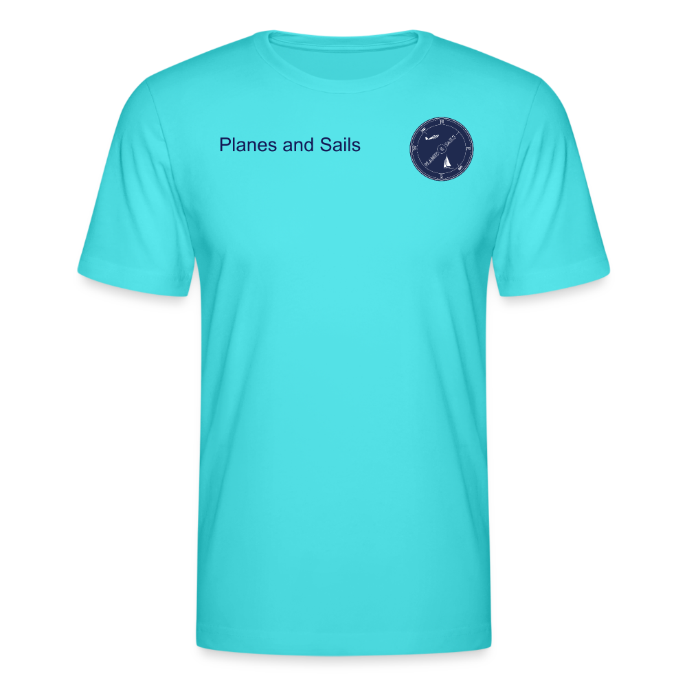 PLANES AND SAILS' NAVY BLUE LOGO DEPICTING A PLANE AND A SAILING BOAT INSIDE A COMPASS , PRINTED ON THE FRONT & BACK OF AN ACQUA MARINE  TSHIRT