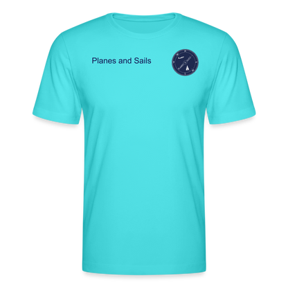 PLANES AND SAILS' NAVY BLUE LOGO DEPICTING A PLANE AND A SAILING BOAT INSIDE A COMPASS , PRINTED ON THE FRONT & BACK OF AN ACQUA MARINE  TSHIRT