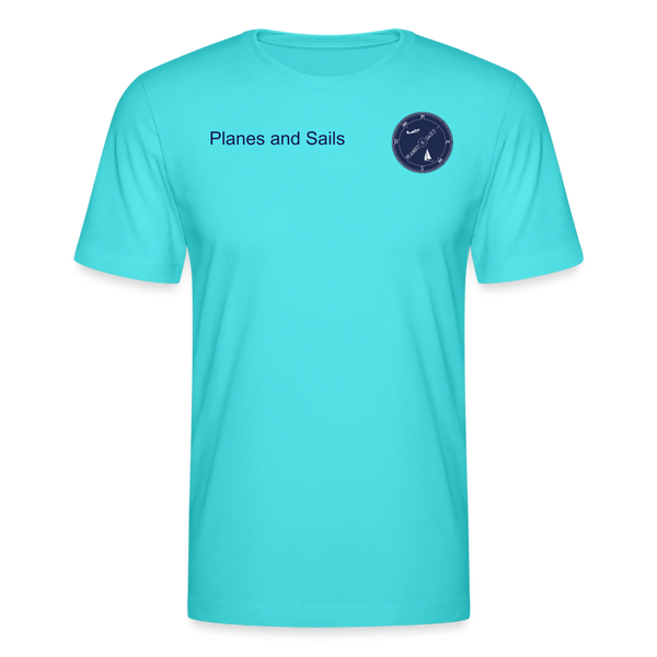 PLANES AND SAILS' NAVY BLUE LOGO DEPICTING A PLANE AND A SAILING BOAT INSIDE A COMPASS , PRINTED ON THE FRONT & BACK OF AN ACQUA MARINE  TSHIRT