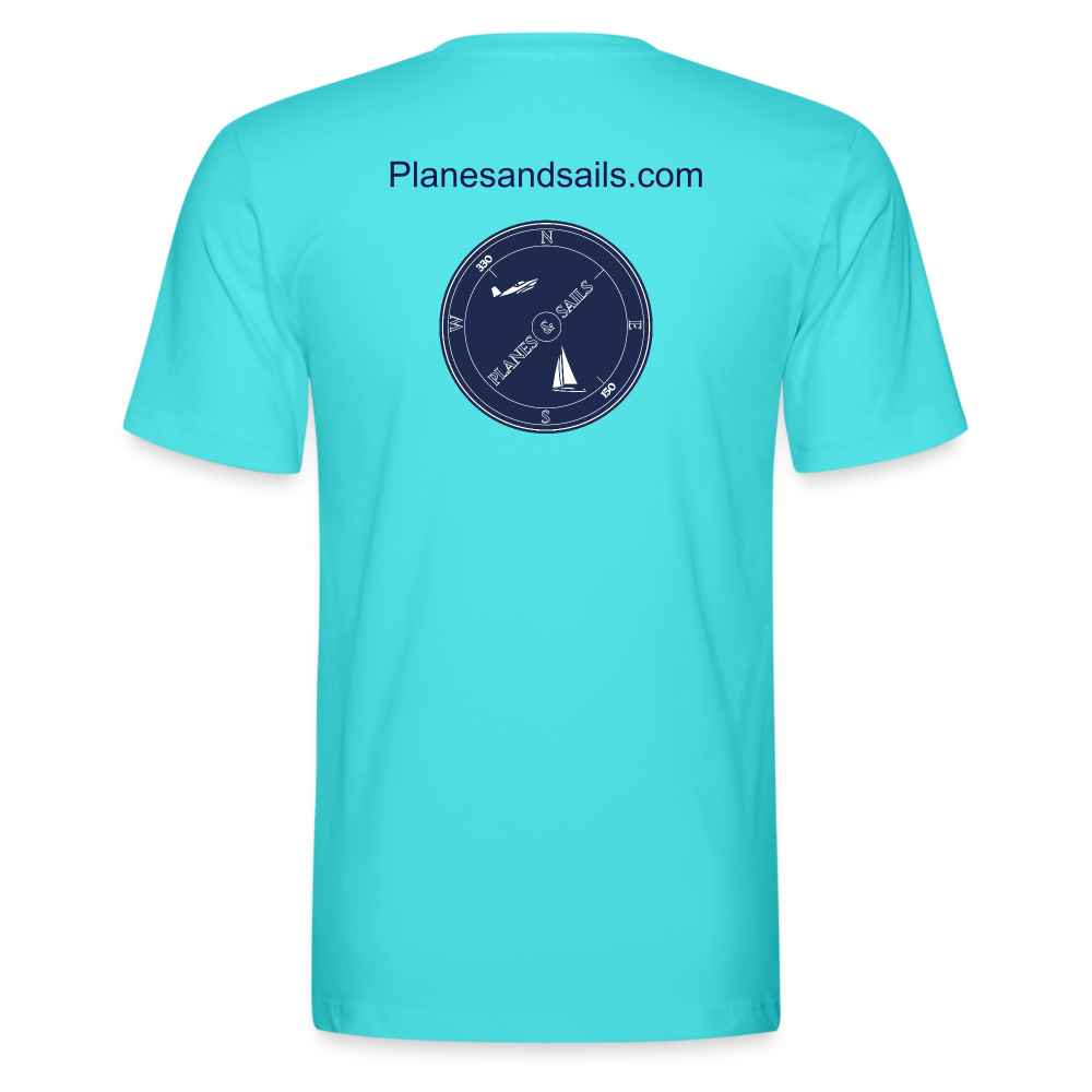 PLANES AND SAILS' NAVY BLUE LOGO DEPICTING A PLANE AND A SAILING BOAT INSIDE A COMPASS , PRINTED ON THE FRONT & BACK OF AN ACQUA MARINE TSHIRT