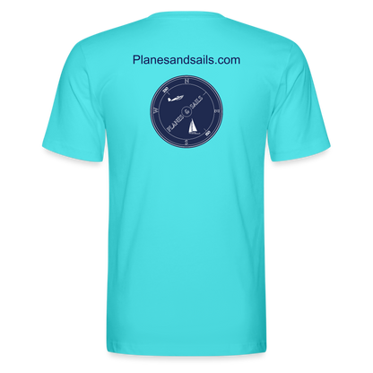 PLANES AND SAILS' NAVY BLUE LOGO DEPICTING A PLANE AND A SAILING BOAT INSIDE A COMPASS , PRINTED ON THE FRONT & BACK OF AN ACQUA MARINE TSHIRT