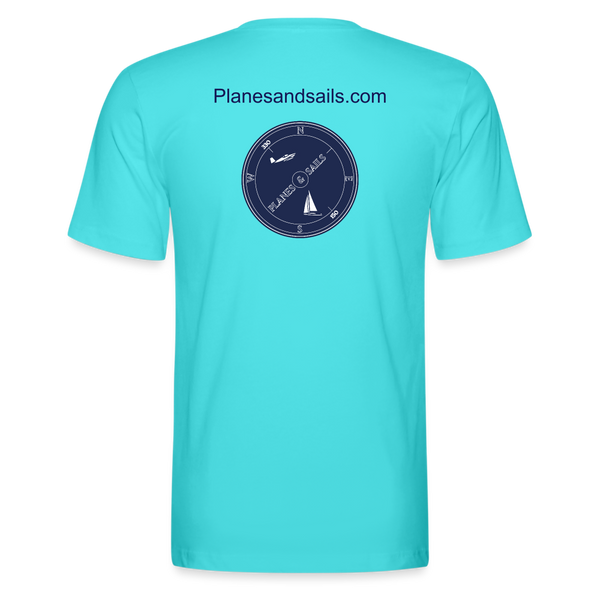 PLANES AND SAILS' NAVY BLUE LOGO DEPICTING A PLANE AND A SAILING BOAT INSIDE A COMPASS , PRINTED ON THE FRONT & BACK OF AN ACQUA MARINE TSHIRT