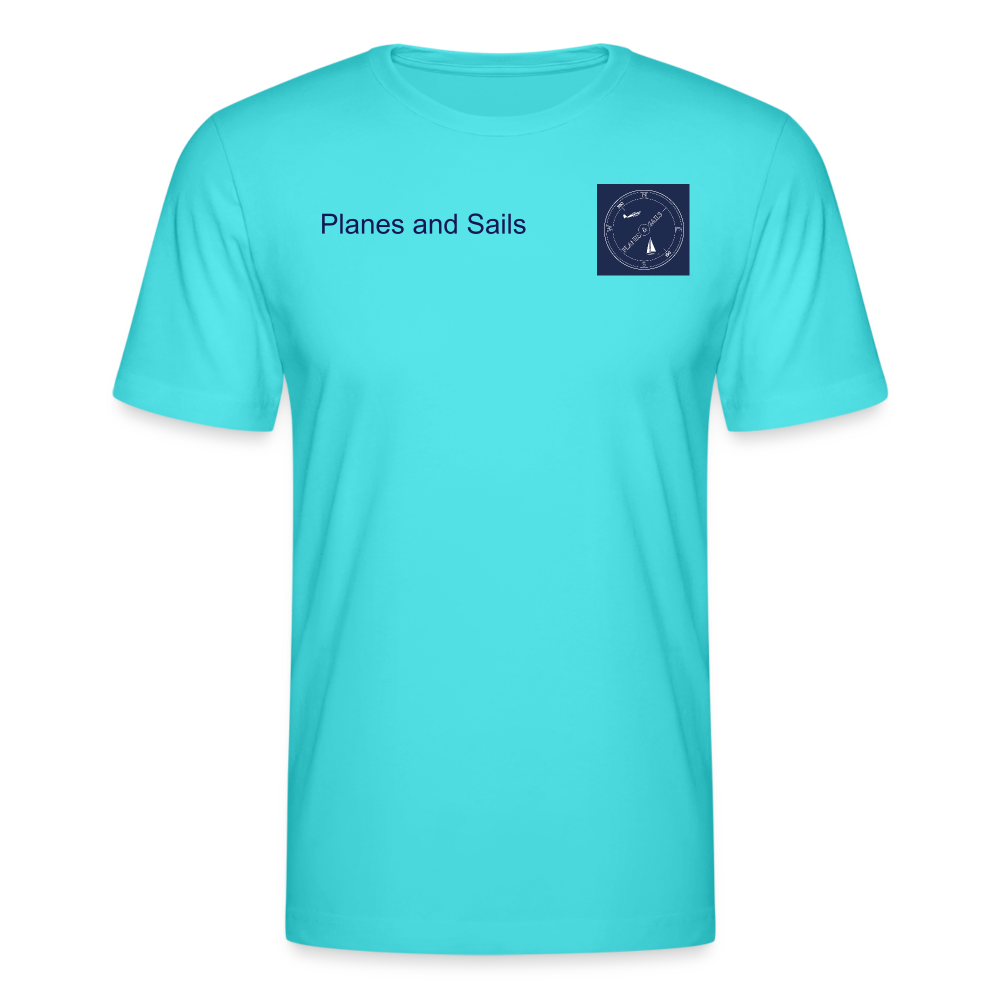 Planes & Sail's dark blue logo depicting a plane and a sailing boat inside a compass on the front and back of an acqua marine T-Shirt 