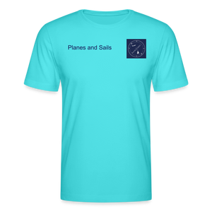 Planes & Sail's dark blue logo depicting a plane and a sailing boat inside a compass on the front and back of an acqua marine T-Shirt 