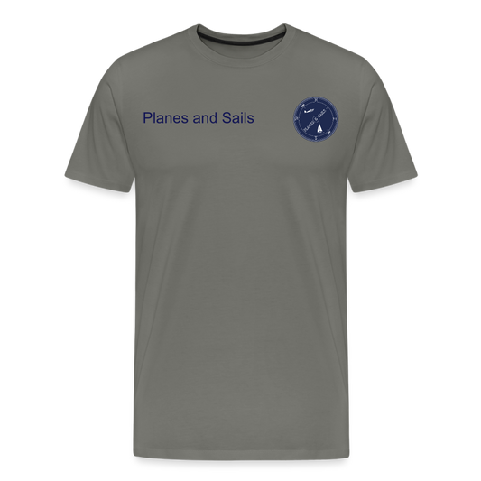 Planes and sails' mariners and pilots navy blu logo depicting a sailing boat and a plane inside a compass  on an asphalt Tshirt. 