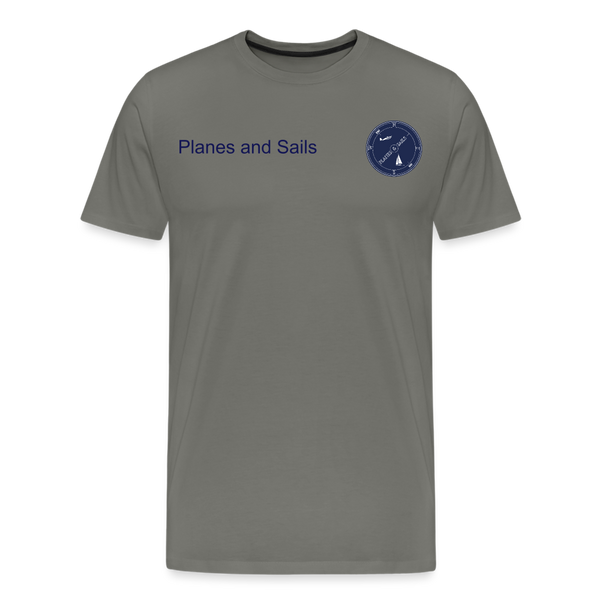 Planes and sails' mariners and pilots navy blu logo depicting a sailing boat and a plane inside a compass  on an asphalt Tshirt. 