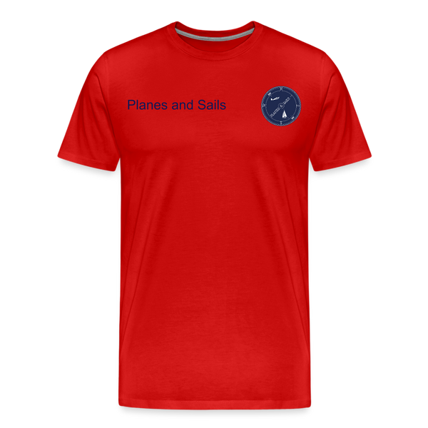 Planes and sails' mariners and pilots navy blue logo depicting a plane and a sailing boat inside a compass on a red Tshirt. 