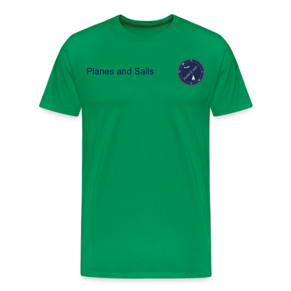 Planes and sails' mariners and pilots navy blu logo depicting a plane and a sailing boat  on a kelly green  Tshirt. 