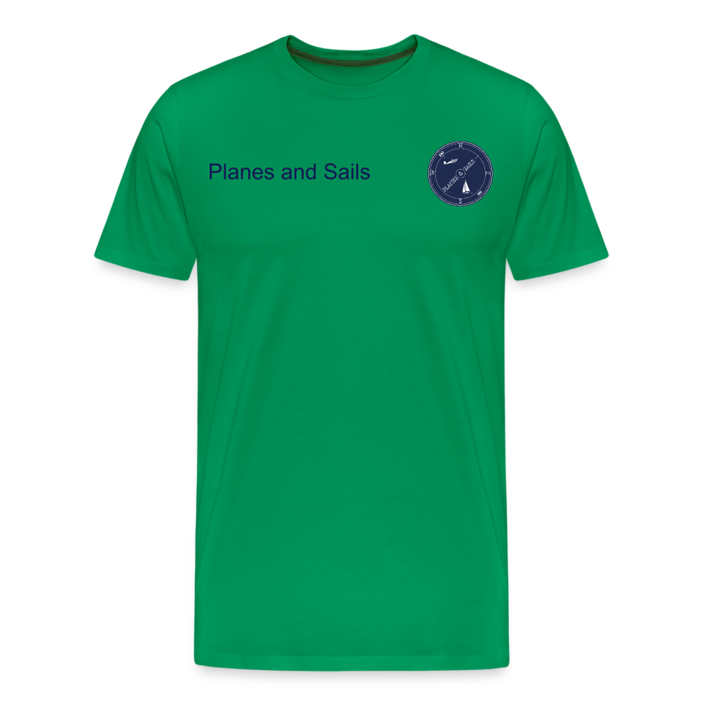 Planes and sails' mariners and pilots navy blu logo depicting a plane and a sailing boat  on a kelly green  Tshirt. 