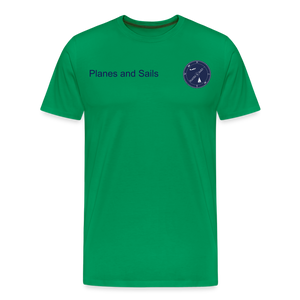 Planes and sails' mariners and pilots navy blu logo depicting a plane and a sailing boat  on a kelly green  Tshirt. 