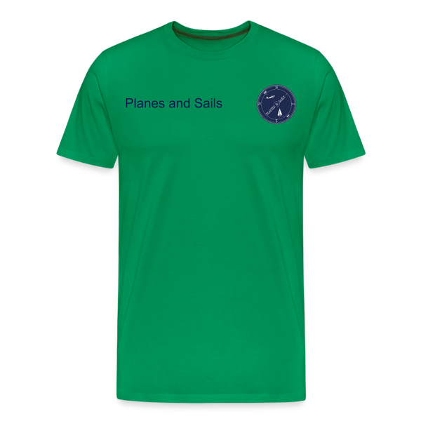 Planes and sails' mariners and pilots navy blu logo depicting a plane and a sailing boat  on a kelly green  Tshirt. 