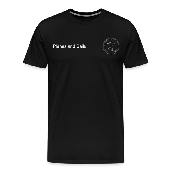 Planes & Sails Mariners and Pilots white logo  depicting a sailing boat and a plane inside a compass on a black  T-Shirt 