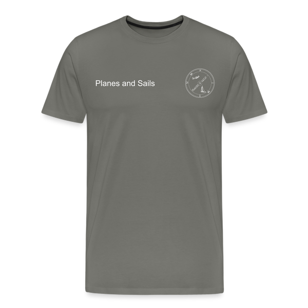 Planes & Sails Mariners and Pilots white logo depicting a sailing boat and a plane inside a compass on an asphalt  T-Shirt 