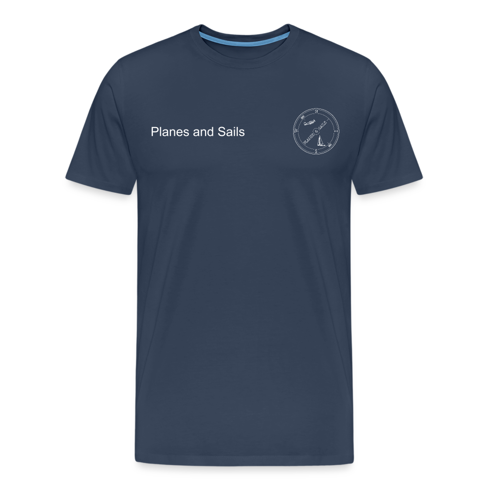 Planes & Sails Mariners and Pilots white logo depicting a sailing boat and a plane inside a compass on a navy blue T-Shirt - navy