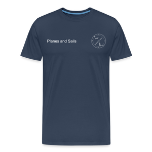 Planes & Sails Mariners and Pilots white logo depicting a sailing boat and a plane inside a compass on a navy blue T-Shirt - navy