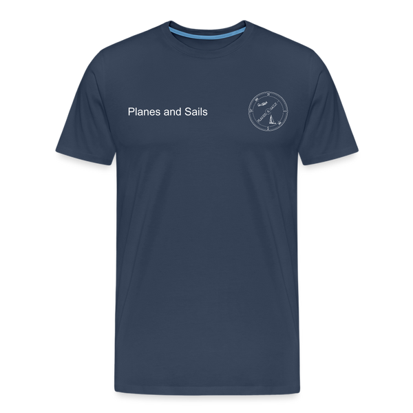 Planes & Sails Mariners and Pilots white logo depicting a sailing boat and a plane inside a compass on a navy blue T-Shirt - navy