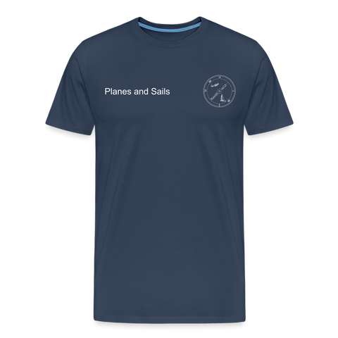 Planes & Sails Mariners and Pilots white logo depicting a sailing boat and a plane inside a compass on a navy blue T-Shirt - navy