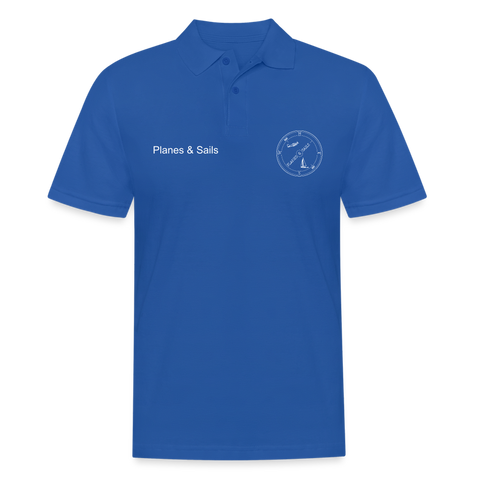 Planes & Sails mariners and pilots Polo shirt sporting P &S's white logo depicting a plane and a sailing boat on opposite sides of a compas point. It is placed on the right of royal blue polo whereas Planes & Sails is written out in full on the left.