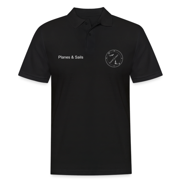 Planes & Sails mariners and pilots Polo shirt sporting P &S's white logo depicting a plane and a sailing boat on opposite sides of a compas point. It is placed on the right of a black polo whereas Planes & Sails is written out in full on the left.