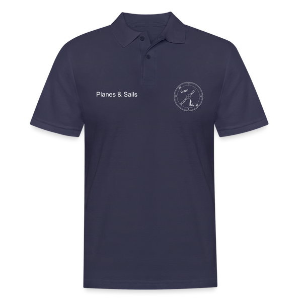 Planes & Sails mariners and pilots Polo shirt sporting P &S's white logo depicting a plane and a sailing boat  on opposite sides of a compas point. It is placed  on the right of navy blue polo whereas  Planes & Sails is written out in full on the left.