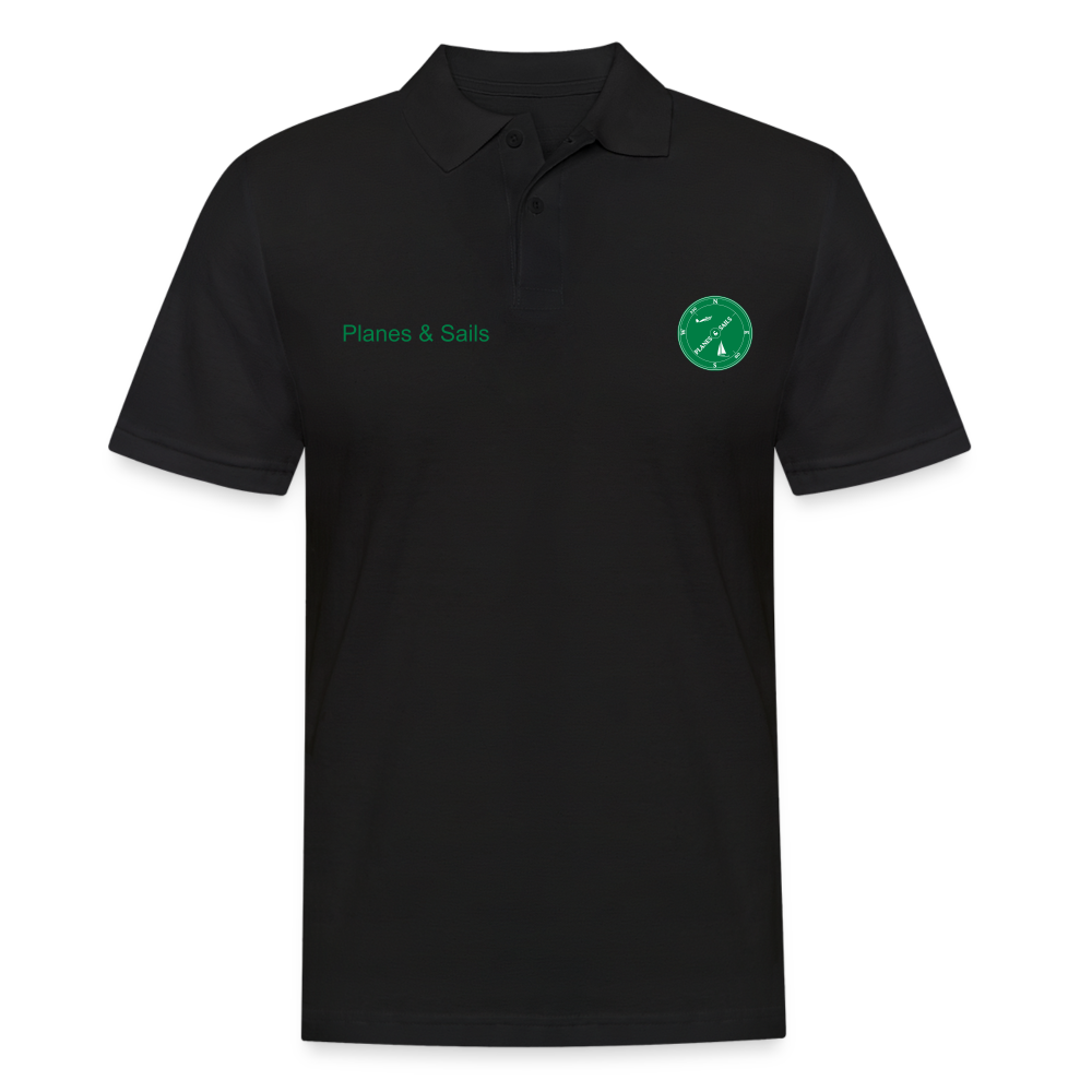 Planes & Sails dark green Logo which depicts a sailing boat and a plane inside a compass on a blck Polo Shirt 