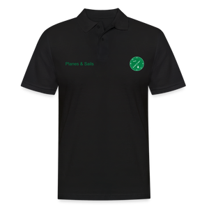 Planes & Sails dark green Logo which depicts a sailing boat and a plane inside a compass on a blck Polo Shirt 