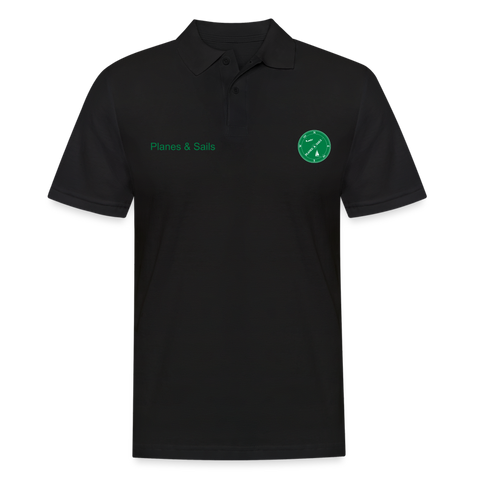 Planes & Sails dark green Logo which depicts a sailing boat and a plane inside a compass on a blck Polo Shirt 