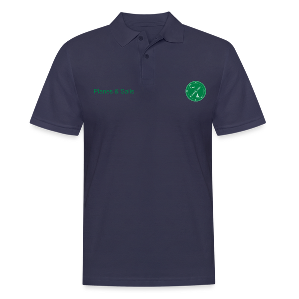 Planes & Sails dark green logo  which depicts a sailing boat and a plane inside a compass on a navy blue Polo Shirt