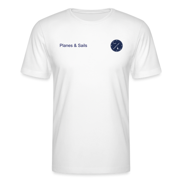 PLANES & SAIL'S navy blue logo portraying a plane and a sailing boat in a compass with text on the front and back  of a white T-shirt.