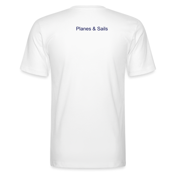 PLANES & SAIL'S navy blue logo portraying a plane and a sailing boat in a compass with text on the front and back of a white T-shirt.