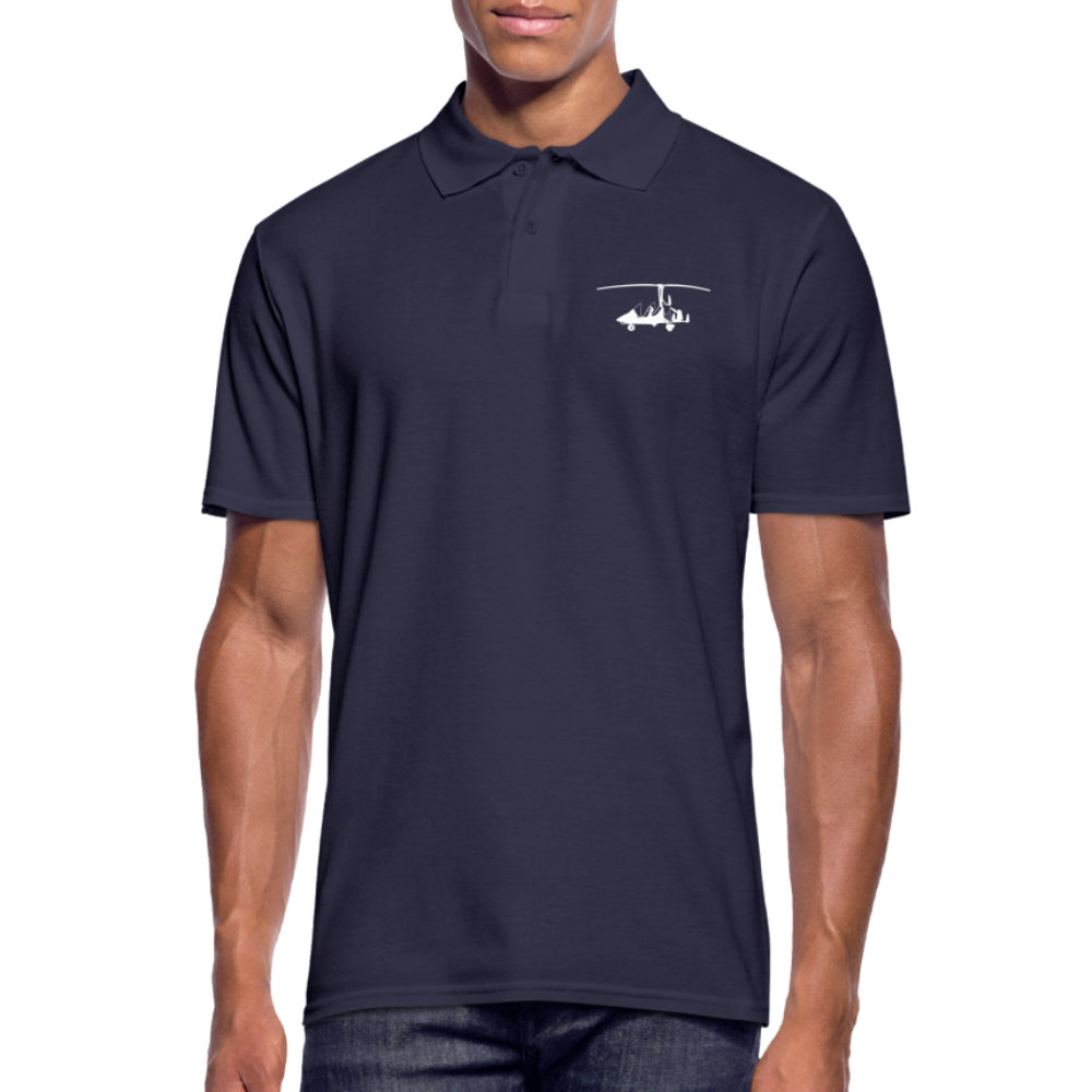 Pilots' wear: White Gyro customizable design positioned on the left breast of a navy blue polo shirt.