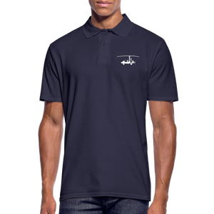 Pilots' wear: White Gyro customizable design positioned on the left breast of a navy blue polo shirt.