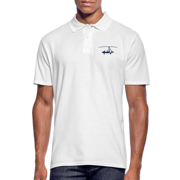 Pilots' wear: Navy blue Gyro customizable design positioned on the left breast of a white polo shirt.