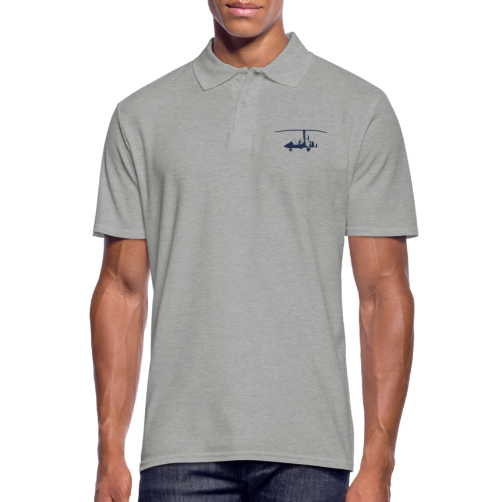 Pilots' wear: Navy blue Gyro customizable design positioned on the left breast of a light grey polo shirt. 