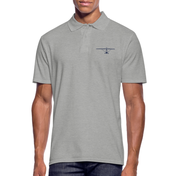 Pilot Shirts: Navy blue customizable weight shift aircraft design placed on the left breast of a light grey polo shirt.