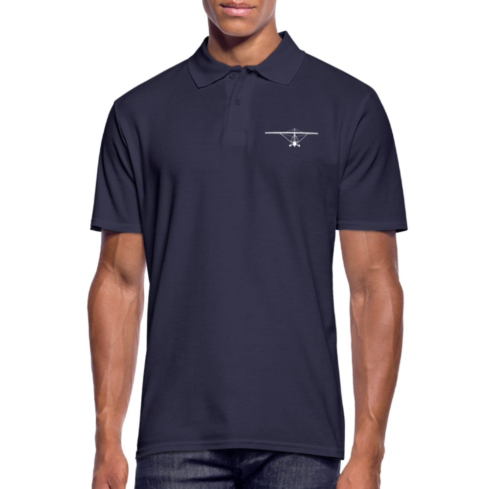 Pilot Shirts: White customizable weight shift aircraft design placed on the left breast of a navy blue polo shirt.