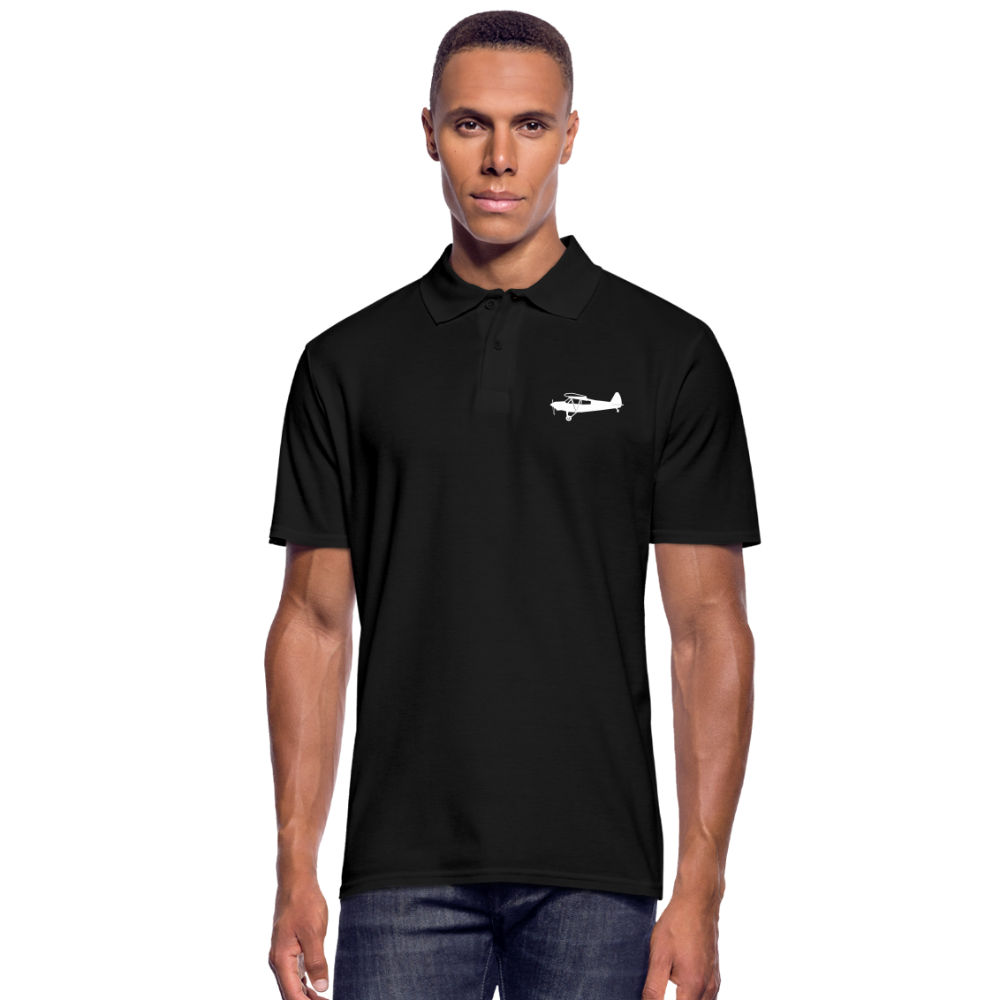 White Super Cub design on the left breast of a black polo shirt