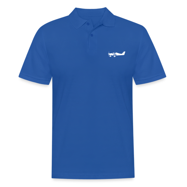 White Tecnam Sierra aircraft customizable printed design placed on the left breast of a royal blue polo shirt.