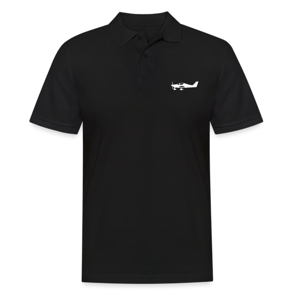 White Tecnam Sierra aircraft customizable printed design placed on the left breast of a black polo shirt.