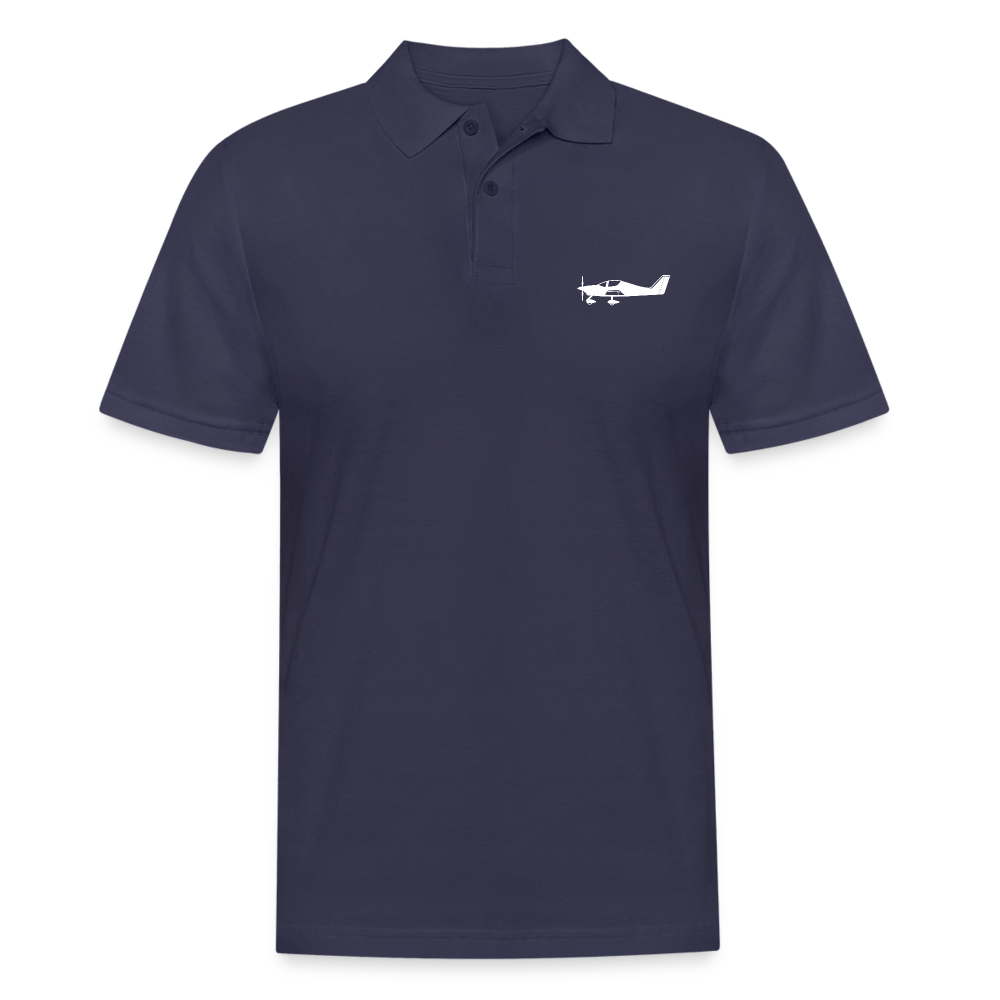 White Tecnam Sierra aircraft customizable printed design placed on the left breast of a navy blue polo shirt.